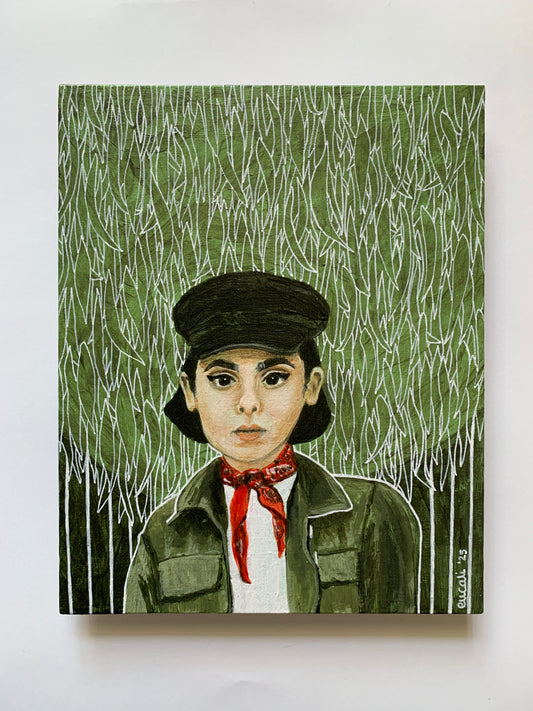 Woman with red bandana, staring, 2025