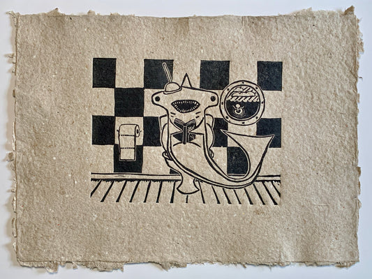 Shark in the bathroom, 2023 (linoprint)