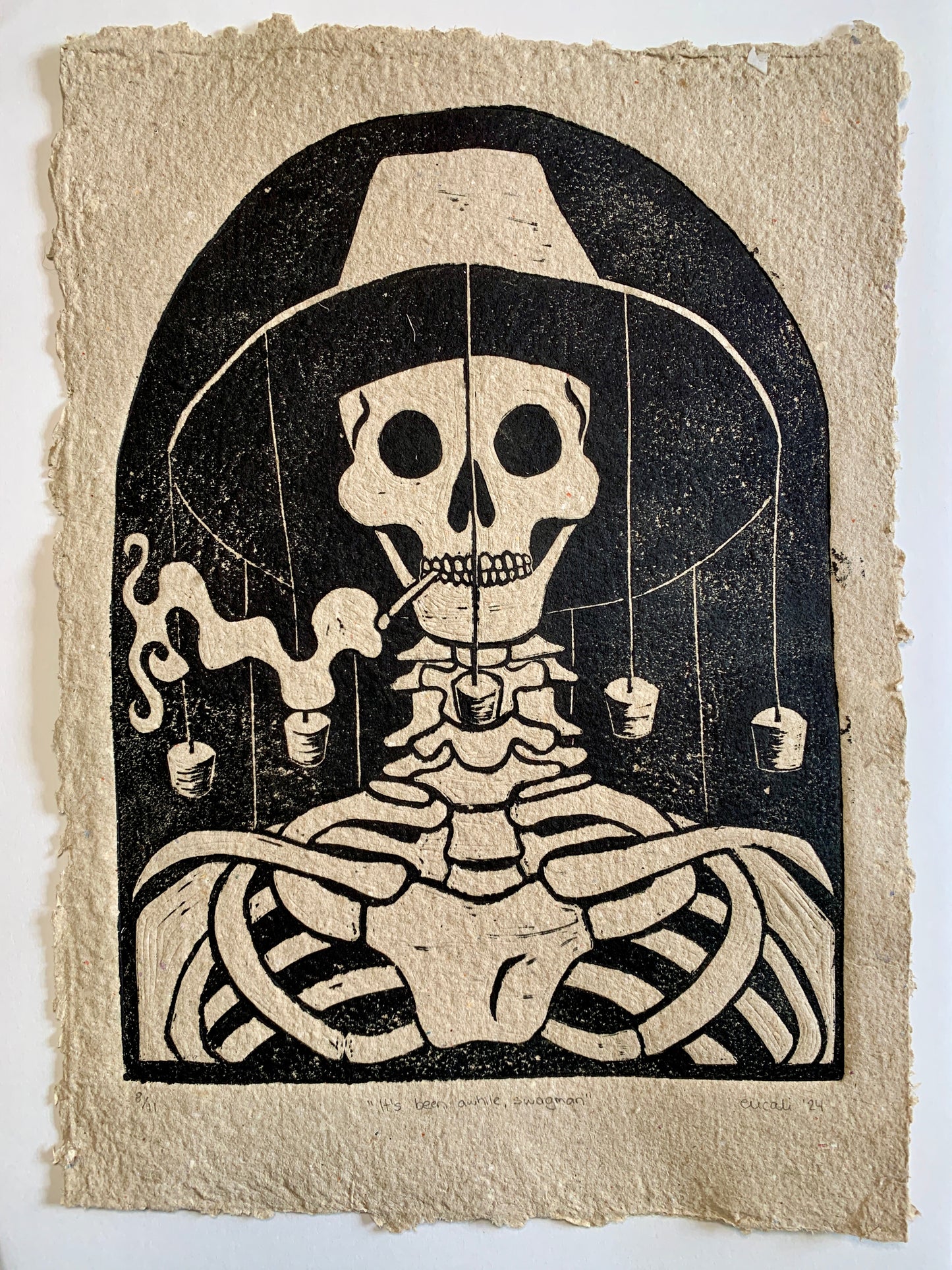 It's been a while, swagman, 2024 (linoprint)